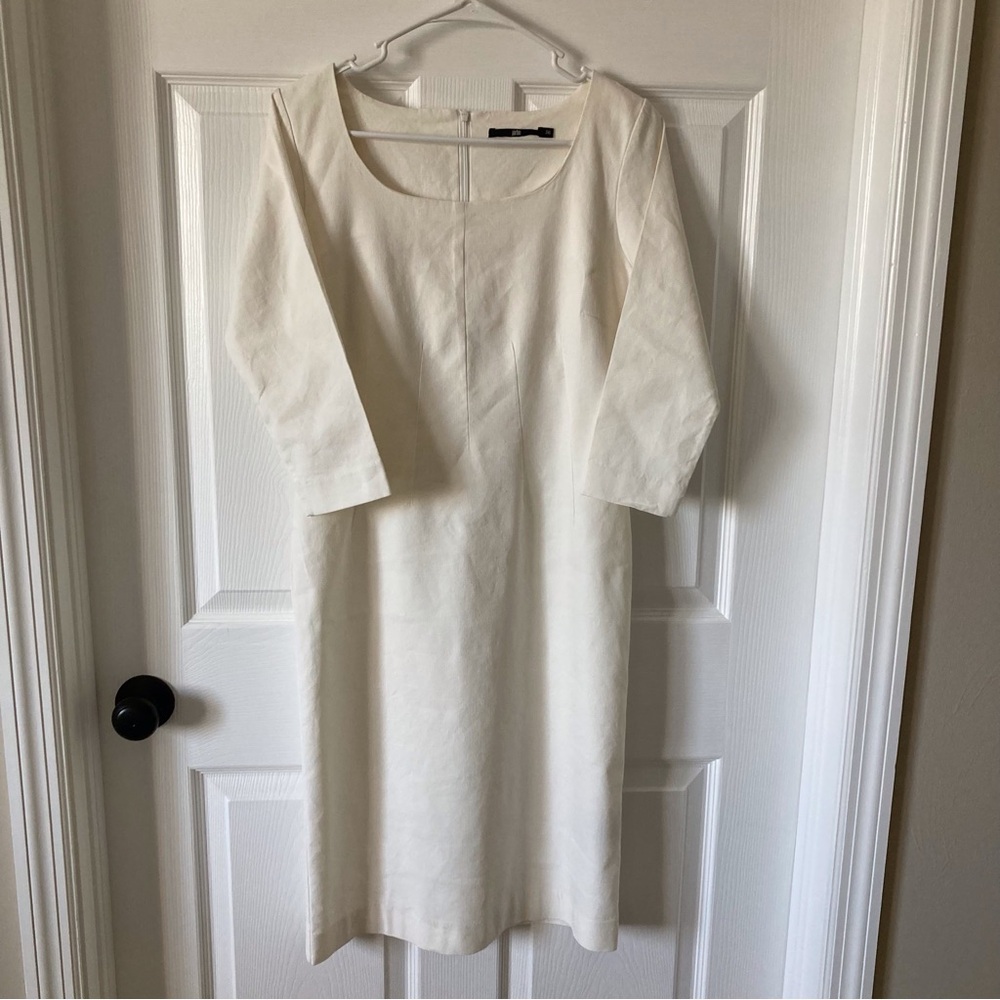 Jarbo Midi Dress, Linen/spandex. Zip. 3/4 Sleeves. Luxury, Classic, Fitted. S 36